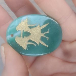 New Hand Carved Gemini Green Onyx Agate Oval Pendant Amulet.